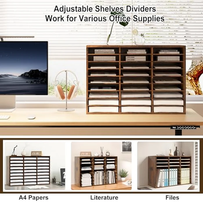 Alpeir Mail Organizer Countertop, 27 Compartments Wooden Adjustable Desk Paper Organizer, Space Saving Document Holder for Office Classroom, Rustic Brown by Alpeir - Image 2