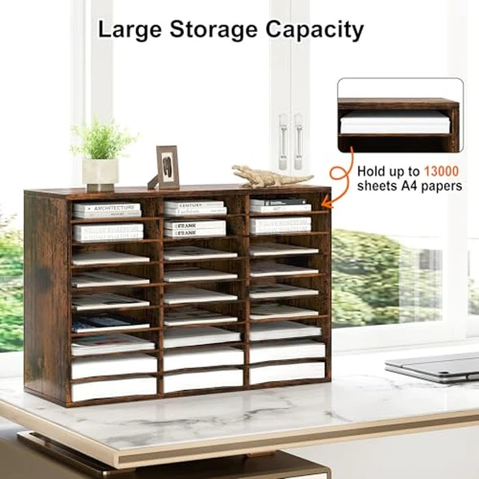 Alpeir Mail Organizer Countertop, 27 Compartments Wooden Adjustable Desk Paper Organizer, Space Saving Document Holder for Office Classroom, Rustic Brown by Alpeir - Image 5
