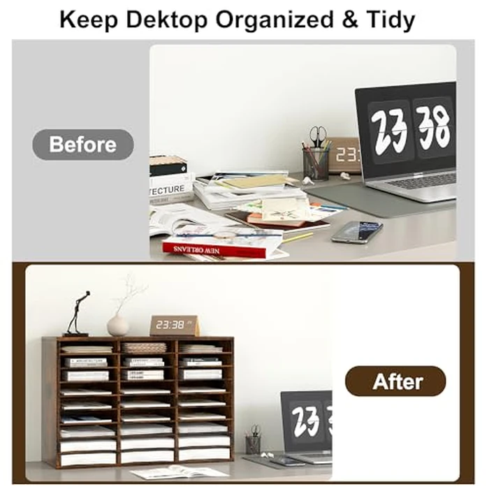 Alpeir Mail Organizer Countertop, 27 Compartments Wooden Adjustable Desk Paper Organizer, Space Saving Document Holder for Office Classroom, Rustic Brown by Alpeir - Image 9