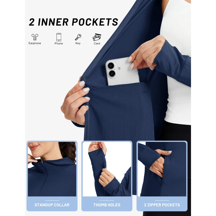 TACVASEN Sun Protection Shirts for Women UPF 50+ Full Zip Performance UV Hoodies Shirt Lightweight, White, L by TACVASEN - Image 3