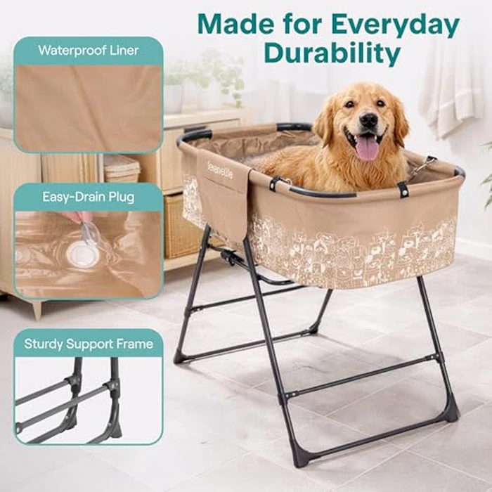 SereneLife Foldable Dog Bath Tub with Adjustable Height, 360 degrees Access, Drain Hose & Storage Pockets - 130 lb Capacity Grooming Station for Indoor/Outdoor Use (Beige) by SereneLife - Image 5