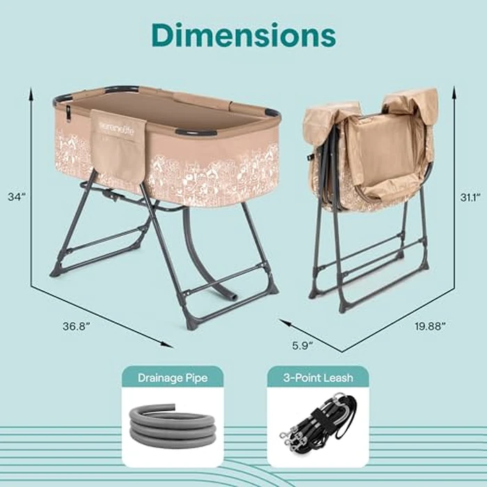 SereneLife Foldable Dog Bath Tub with Adjustable Height, 360 degrees Access, Drain Hose & Storage Pockets - 130 lb Capacity Grooming Station for Indoor/Outdoor Use (Beige) by SereneLife - Image 6