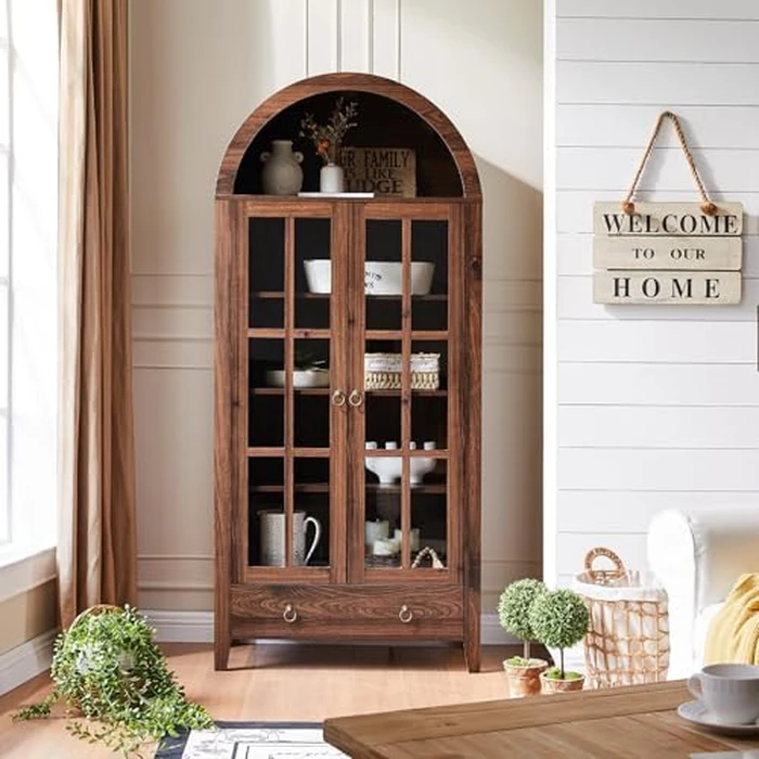 RowyPoey Farmhouse Arched Cabinet with Glass Doors, Wood Display Cabinet with Drawer and Adjustable Shelves, 71” Tall Bookshelf Modern China Storage Kitchen Pantry for Living Room,Office (Walnut) by RowyPoey - Image 1