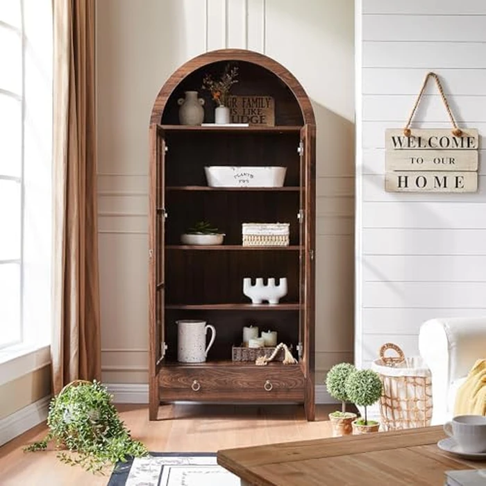 RowyPoey Farmhouse Arched Cabinet with Glass Doors, Wood Display Cabinet with Drawer and Adjustable Shelves, 71” Tall Bookshelf Modern China Storage Kitchen Pantry for Living Room,Office (Walnut) by RowyPoey - Image 2