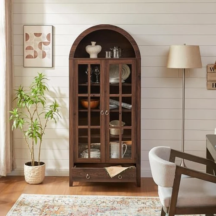 RowyPoey Farmhouse Arched Cabinet with Glass Doors, Wood Display Cabinet with Drawer and Adjustable Shelves, 71” Tall Bookshelf Modern China Storage Kitchen Pantry for Living Room,Office (Walnut) by RowyPoey - Image 3