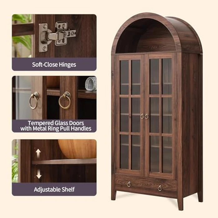 RowyPoey Farmhouse Arched Cabinet with Glass Doors, Wood Display Cabinet with Drawer and Adjustable Shelves, 71” Tall Bookshelf Modern China Storage Kitchen Pantry for Living Room,Office (Walnut) by RowyPoey - Image 5