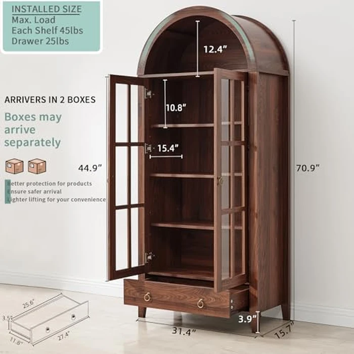 RowyPoey Farmhouse Arched Cabinet with Glass Doors, Wood Display Cabinet with Drawer and Adjustable Shelves, 71” Tall Bookshelf Modern China Storage Kitchen Pantry for Living Room,Office (Walnut) by RowyPoey - Image 6