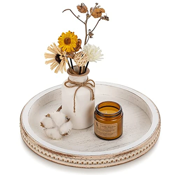 Hanobe Round Wooden Decorative Tray: White Washed Bead Tray Decor for Coffee Table Centerpiece Rustic Farmhouse Tray for Kitchen Counter Living Room Decoration by Hanobe - Used - Very Good condition - US$17.58