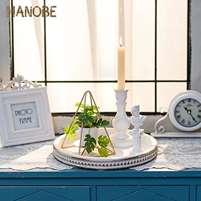 Hanobe Round Wooden Decorative Tray: White Washed Bead Tray Decor for Coffee Table Centerpiece Rustic Farmhouse Tray for Kitchen Counter Living Room Decoration by Hanobe - Image 3