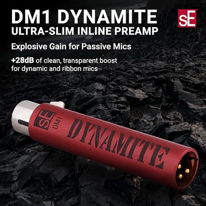 SE ELECTRONICS DM1 Dynamite Ultra-Slim Inline Microphone Preamp for Ribbon & Dynamic Microphones - Mic Preamp with +28dB Gain for Clean, Natural Sound - Ideal for Podcasting & Live Sound (Red) by SE ELECTRONICS - Image 2