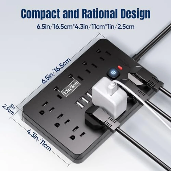 JouleLoom 6 FT Flat Plug Surge Protector Power Strip,11 Multiple AC Outlets with 6 USB Ports (2 USB C), 6 Feet Extension Cord, 1250W/10A, One Touch Switch Button, 17 in 1 Compact powerstrip by JouleLoom - Image 4