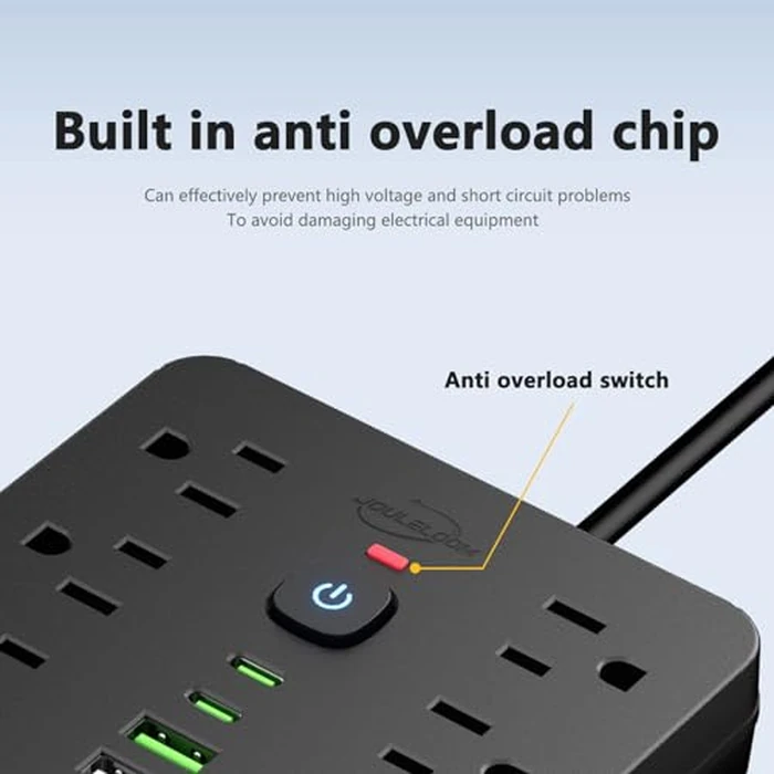 JouleLoom 6 FT Flat Plug Surge Protector Power Strip,11 Multiple AC Outlets with 6 USB Ports (2 USB C), 6 Feet Extension Cord, 1250W/10A, One Touch Switch Button, 17 in 1 Compact powerstrip by JouleLoom - Image 5