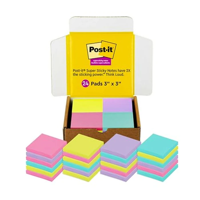 Post-it Super Sticky Notes, 3x3 in, 24 Pads/Pack, 70 Sheets/Pad, Assorted Bright Colors, Aqua Splash, Acid Lime, Tropical Pink and Iris Infusion (654-24SSMXSIOC) by Post-It - Used - Like New condition