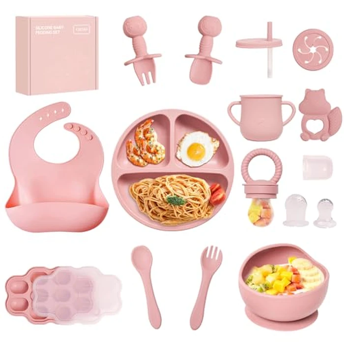 Silicone Baby Feeding Set, 15pcs Baby Led Weaning Feeding Supplies for Toddlers, Bowls and Plates with Suction, Silicone Bib,Toddler Spoons and Fork, Toddler Cups, Fruit Feeder & Freezer Tray. (Pink) by useho - Used - Like New condition - CA$37.99