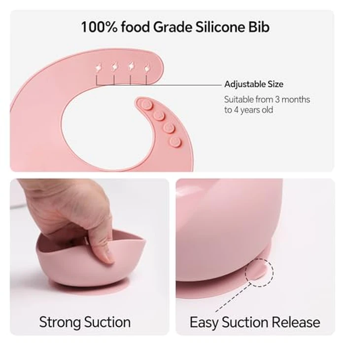 Silicone Baby Feeding Set, 15pcs Baby Led Weaning Feeding Supplies for Toddlers, Bowls and Plates with Suction, Silicone Bib,Toddler Spoons and Fork, Toddler Cups, Fruit Feeder & Freezer Tray. (Pink) by useho - Image 3