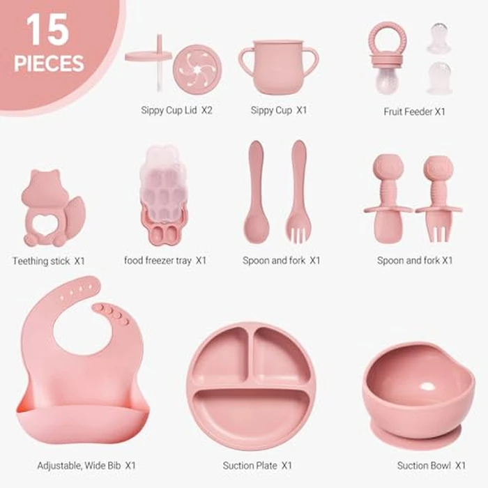 Silicone Baby Feeding Set, 15pcs Baby Led Weaning Feeding Supplies for Toddlers, Bowls and Plates with Suction, Silicone Bib,Toddler Spoons and Fork, Toddler Cups, Fruit Feeder & Freezer Tray. (Pink) by useho - Image 4