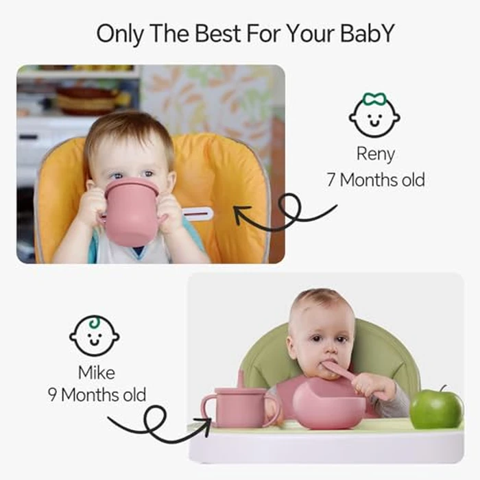 Silicone Baby Feeding Set, 15pcs Baby Led Weaning Feeding Supplies for Toddlers, Bowls and Plates with Suction, Silicone Bib,Toddler Spoons and Fork, Toddler Cups, Fruit Feeder & Freezer Tray. (Pink) by useho - Image 5
