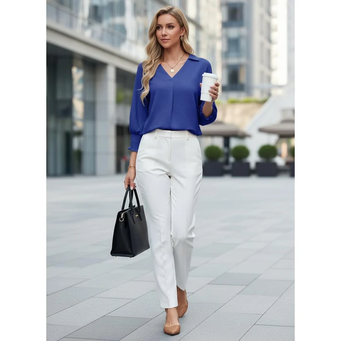 Dokotoo Blouses for Women Trendy Summer Womens Tops Dressy Casual BohoTop V Neck Collared Shirts 3/4 Length Sleeve Womens Tops Business Work Blouses Women's Clothing Royal Blue Blouse L by Dokotoo - Used - Like New condition