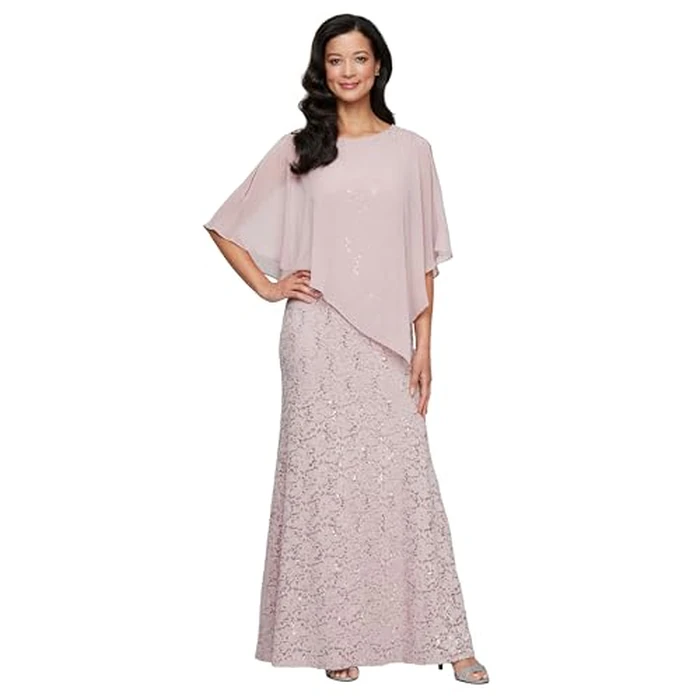 S.L. Fashions Women's Long Length Sequin Lace Beaded Capelet Dress, Formal Evening Gown, Blush, 12P by S.L. Fashions - Used - Like New condition