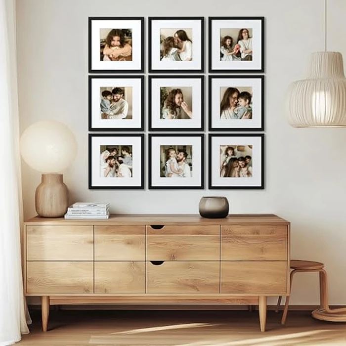 eletecpro 14x14 Picture Frames Set of 9, Classic Gallery Wall Frame Set Displays 10x10 Photos with Mat or 14x14 without Mat, Photo Frames Collage Wall Decor, Black Frames for Home Decor by eletecpro - Image 6