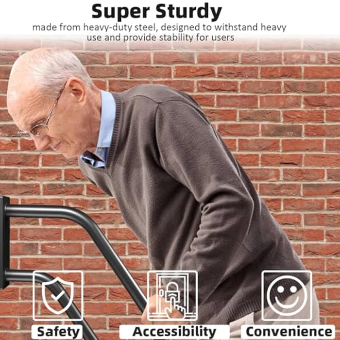 Handrails Wall Mount Stair Safety Handle Non-Slip Step Metal U-Shape Grab Yard Mounted Garage Porch Garden Hand Railings Powder Coated Heavy Duty Indoor or Outdoor Safe Bars Black for 1 to 3 Steps by Sahans - Image 5