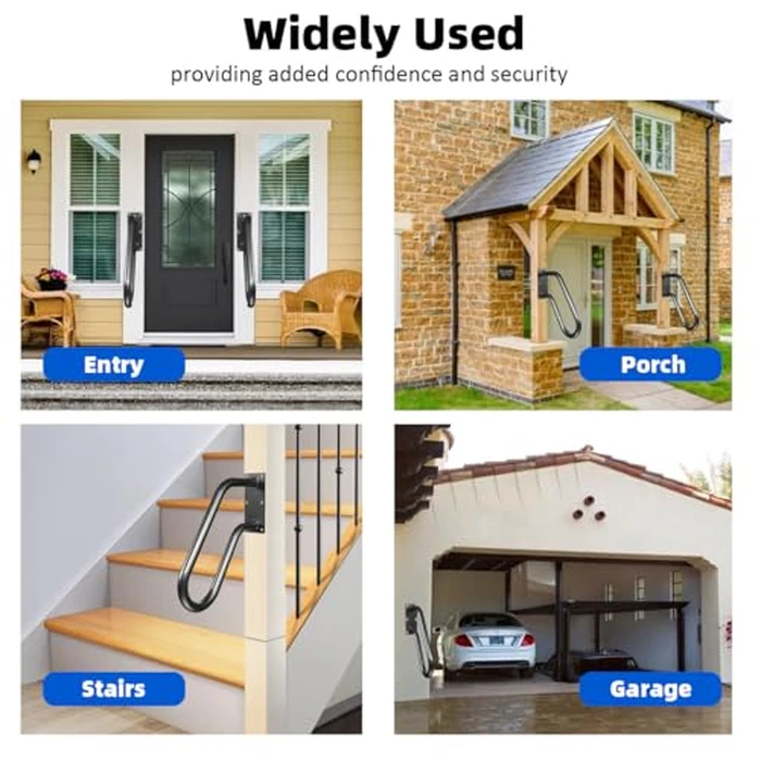 Handrails Wall Mount Stair Safety Handle Non-Slip Step Metal U-Shape Grab Yard Mounted Garage Porch Garden Hand Railings Powder Coated Heavy Duty Indoor or Outdoor Safe Bars Black for 1 to 3 Steps by Sahans - Image 7