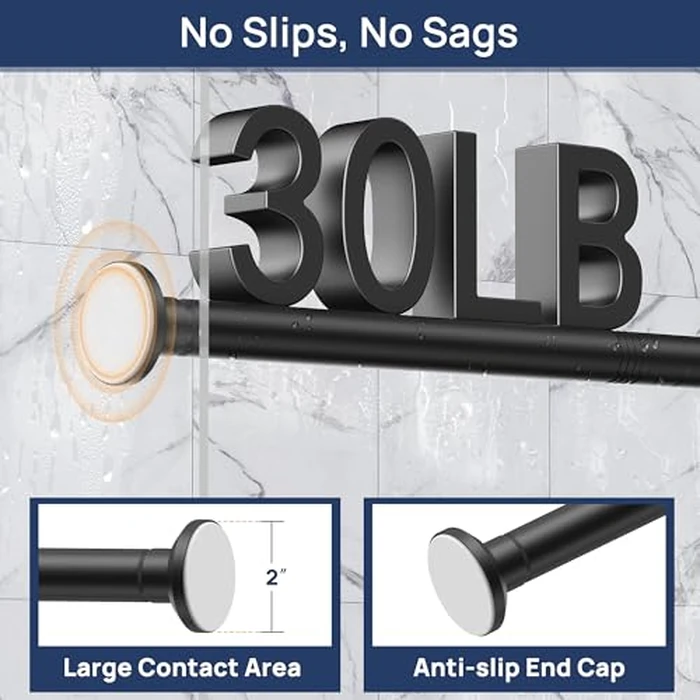 Matte Black Shower Curtain Rod Tension 30 to 76 Inches Never Rust Non-Slip Spring Tension Shower Rod No Drilling Stainless Steel Curtain Pole Use Bathroom, Closet, Window, Room Divider by ENJOYBASICS - Image 3