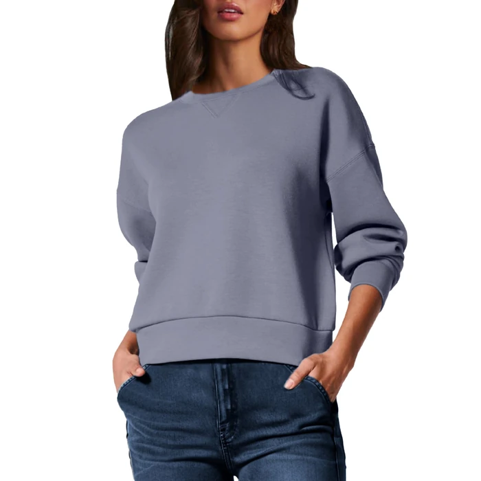 Glamaker Women's Basic Cropped Pullover Sweatshirt Casual Solid Crewneck Long Sleeve Shirts Tops with Back Fold(Purple Blue S) by Glamaker - Image 1