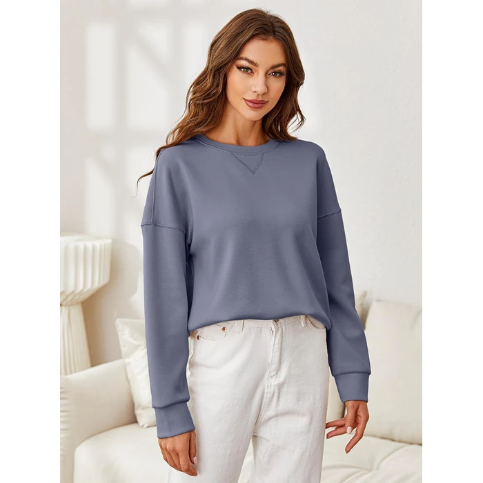 Glamaker Women's Basic Cropped Pullover Sweatshirt Casual Solid Crewneck Long Sleeve Shirts Tops with Back Fold(Purple Blue S) by Glamaker - Image 2