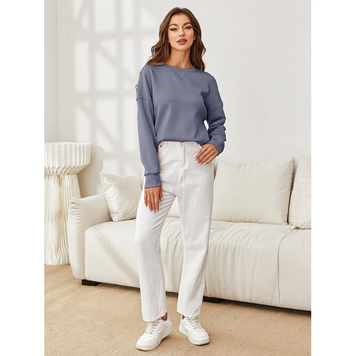 Glamaker Women's Basic Cropped Pullover Sweatshirt Casual Solid Crewneck Long Sleeve Shirts Tops with Back Fold(Purple Blue S) by Glamaker - Image 4