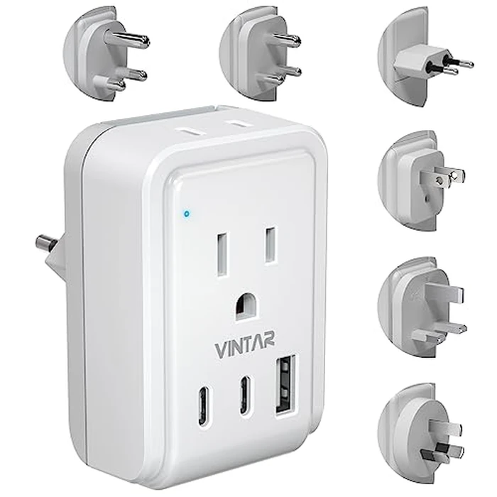 Universal Travel Adapter Kit, VINTAR International Plug Adapter with 3 USB Ports(2 USB C, 3.4A) and 2 American Outlets, Type A,C,G,D,I,M Detachable Attachments, Adapter for US/EU/UK/India/AUS/Africa by VINTAR - Used - Good condition - US$27.59