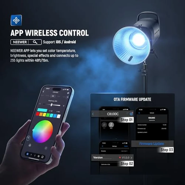 NEEWER CB100C 130w RGB LED Video Light, APP/2.4G Control 360 degrees Full Color 2700K-6500K 27000lux/m COB Bowens Mount Silent Continuous Output Lighting TLCI/CRI97+ 17 Scenes for Video Recording Photography by NEEWER - Image 5