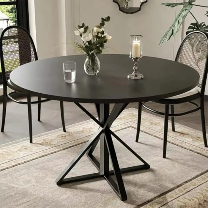 IDEALHOUSE 47 Inch Round Dining Table for 4, Farmhouse Kitchen Table with Metal K-Base, Black Circle Wood Table for Dining Room, Kitchen, Apartment & Living Room (Table Only) by IDEALHOUSE - Image 1