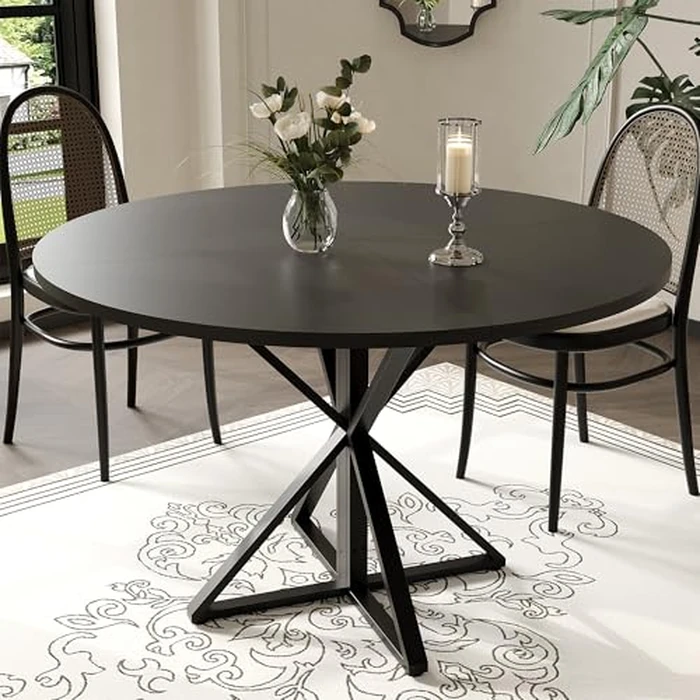 IDEALHOUSE 47 Inch Round Dining Table for 4, Farmhouse Kitchen Table with Metal K-Base, Black Circle Wood Table for Dining Room, Kitchen, Apartment & Living Room (Table Only) by IDEALHOUSE - Image 6