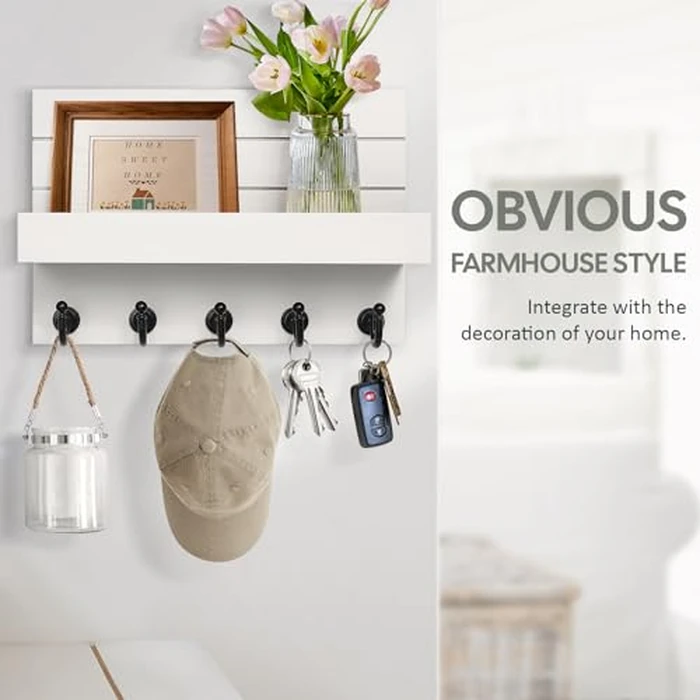 HONJIN Key Holder for Wall: Easy Installation Mail Organizer Wall Mount Hanging Key Rack for Kitchen and Entryway Decor with 5 Sturdy Key Hooks (White) by HONJIN - Image 4