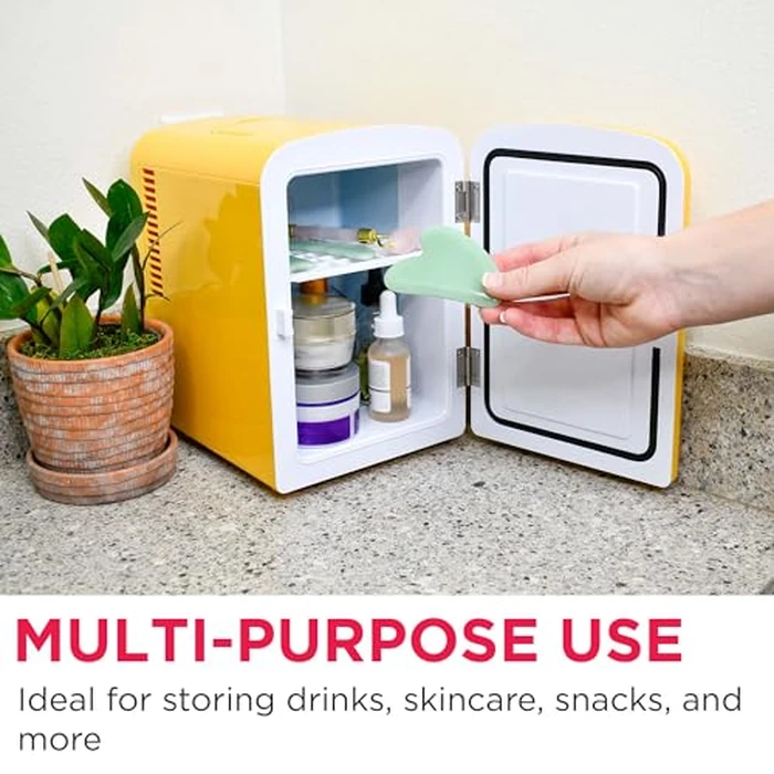 Frigidaire Curtis EFMIS151 Mini Portable Compact Personal Cooler Fridge, 4 Liter Capacity, 6 Cans, Makeup, Skincare, Freon-Free & Eco Friendly, Includes Home Plug & 12V Car Charger, Yellow by Frigidaire - Image 4