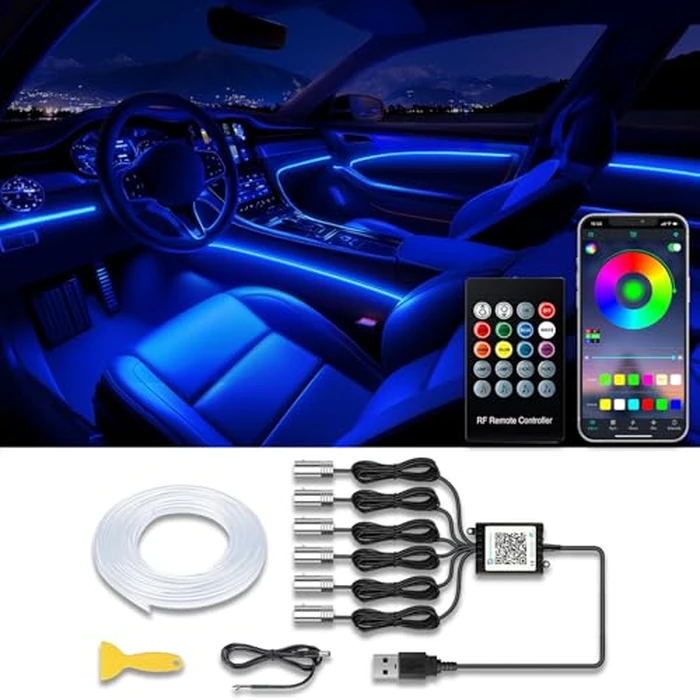 Jushope Car LED Strip Lights, USB Interior Ambient Lighting Kits with Wireless APP and RF Remote Control, 16 Million Colors Music Mode Car Decoration Lights with 315 inches 3.0mm Fiber Optic (6 in 1) by Jushope - Used - Like New condition - US$23.74