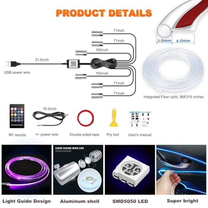 Jushope Car LED Strip Lights, USB Interior Ambient Lighting Kits with Wireless APP and RF Remote Control, 16 Million Colors Music Mode Car Decoration Lights with 315 inches 3.0mm Fiber Optic (6 in 1) by Jushope - Image 7