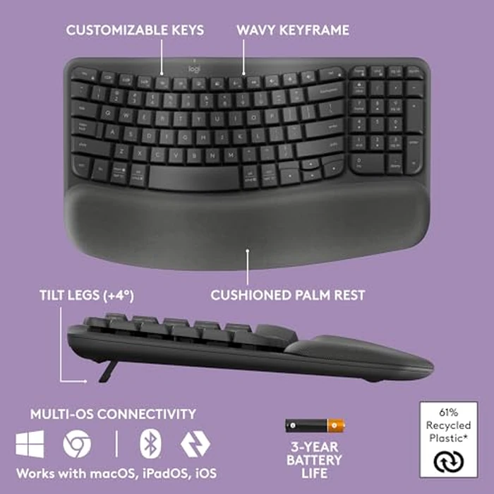 Logitech Wave Keys MK670 Combo, Wireless Ergonomic Keyboard with Signature M550 L Wireless Mouse, Comfortable Natural Typing, Bluetooth, Logi Bolt, for Multi-OS, Windows/Mac - Graphite by Logitech - Image 6