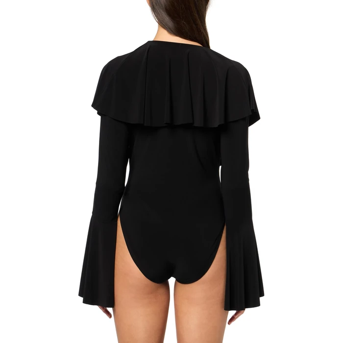 NORMA KAMALI LONG SLEEVE DEEP V RUFFLE BODYSUIT, BLACK, L by Norma Kamali - Image 2
