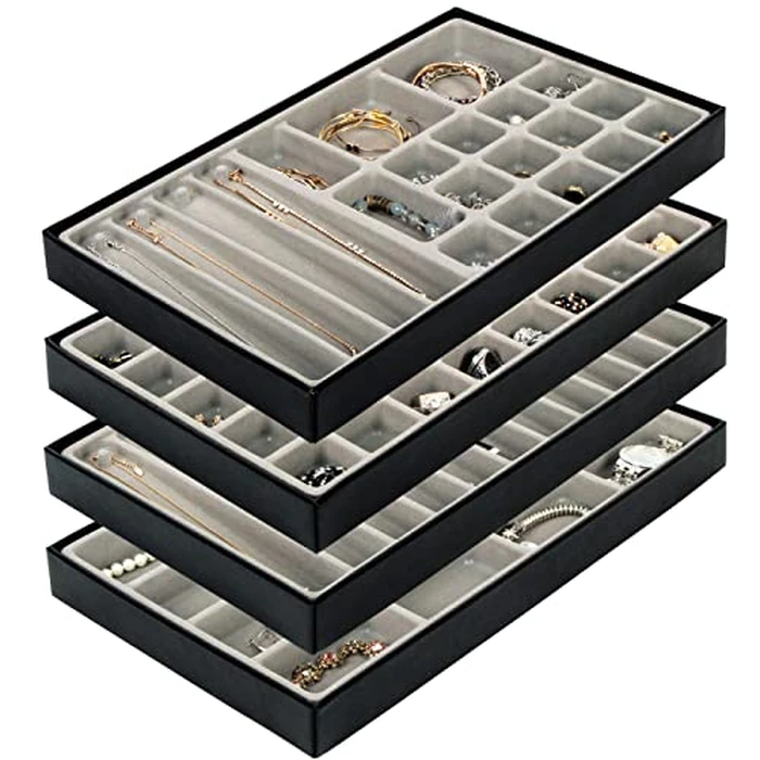 JACKCUBE DESIGN Stackable Synthetic Leather Jewelry Tray Earring Necklace Bracelet Ring Organizer Display Storage Box(Set of 4, Black, 16 x 9.6 x 1.6 inches)- :MK212-3ABCD by J JACKCUBE DESIGN - Used - Like New condition - US$19.61