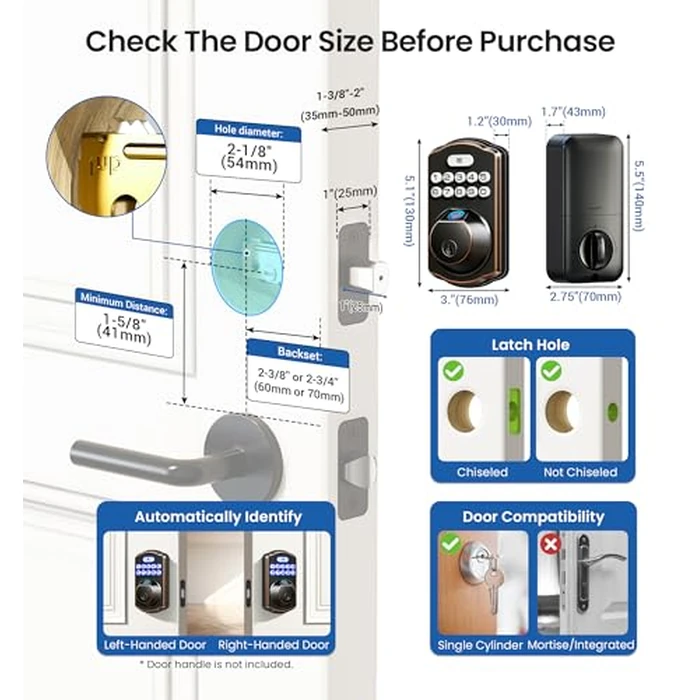 Veise Fingerprint Door Lock, Keyless Entry, Auto Lock, Electronic Keypad Deadbolt for Front Door, Biometric, Anti-Peeking Password, Easy Install, Oil Rubbed Bronze by Veise - Image 8