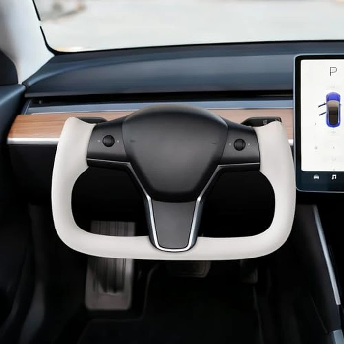 VEVOR Steering Wheel for 2016-2023 Tesla Model 3, Carbon Fiber Steering Wheel D-Shaped Flat-Bottom with Heating Function, Leather Grip with Non-Slip Texture, Accessories Replacement for Model 3, White by VEVOR - Image 2