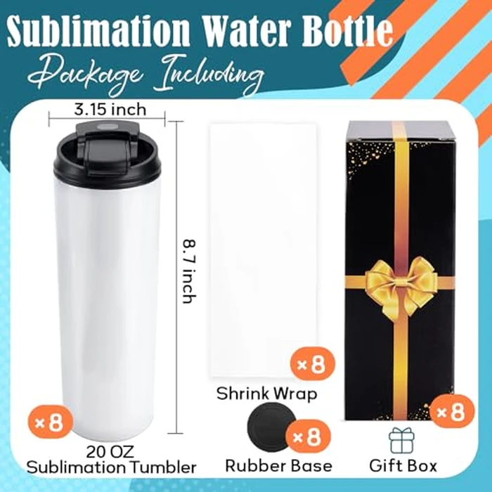 Joyclub 8 Pack Sublimation Water Bottle Blanks Dual Opening 20 oz Sublimation Tumblers with Leakproof Lid and Straw Insulated Stainless Steel Sports Cups by Joyclub - Image 3