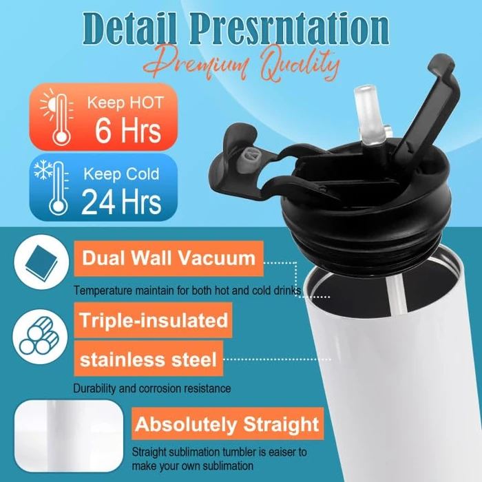Joyclub 8 Pack Sublimation Water Bottle Blanks Dual Opening 20 oz Sublimation Tumblers with Leakproof Lid and Straw Insulated Stainless Steel Sports Cups by Joyclub - Image 4