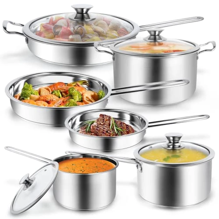 10-Piece Pots and Pans Set, Stainless Steel Cookware Set- Includes Ergonomic Handle Saucepans, Skillets, Dutch Oven, Stockpot, Steamer & More - Premium Pots and Pans for Home Chefs by Aufranc - Used - Acceptable condition