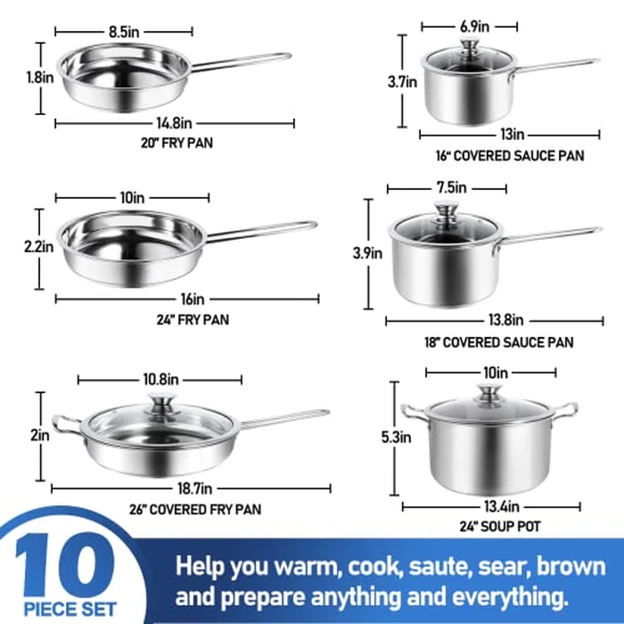 10-Piece Pots and Pans Set, Stainless Steel Cookware Set- Includes Ergonomic Handle Saucepans, Skillets, Dutch Oven, Stockpot, Steamer & More - Premium Pots and Pans for Home Chefs by Aufranc - Image 2