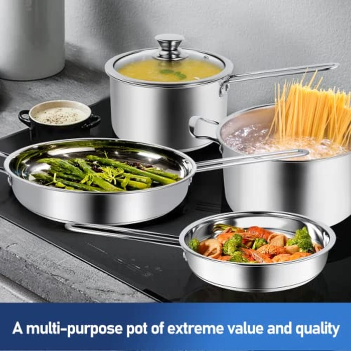 10-Piece Pots and Pans Set, Stainless Steel Cookware Set- Includes Ergonomic Handle Saucepans, Skillets, Dutch Oven, Stockpot, Steamer & More - Premium Pots and Pans for Home Chefs by Aufranc - Image 6