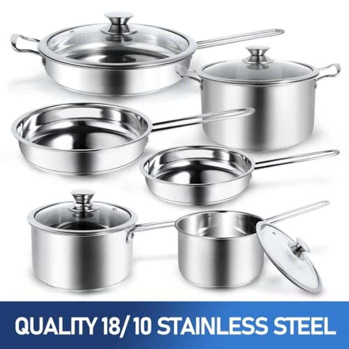 10-Piece Pots and Pans Set, Stainless Steel Cookware Set- Includes Ergonomic Handle Saucepans, Skillets, Dutch Oven, Stockpot, Steamer & More - Premium Pots and Pans for Home Chefs by Aufranc - Image 7