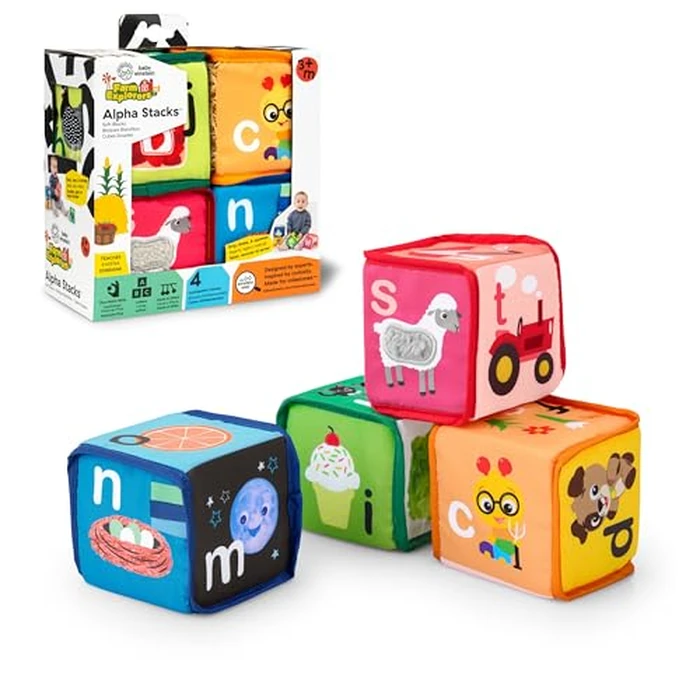 Baby Einstein Alpha Stacks Baby Learning Blocks, Soft, Multisensory Stacking Toys with Letters A-Z, Animals, Colors & Textures, Set of 4, Ages 3 Months+ by Baby Einstein - Image 1